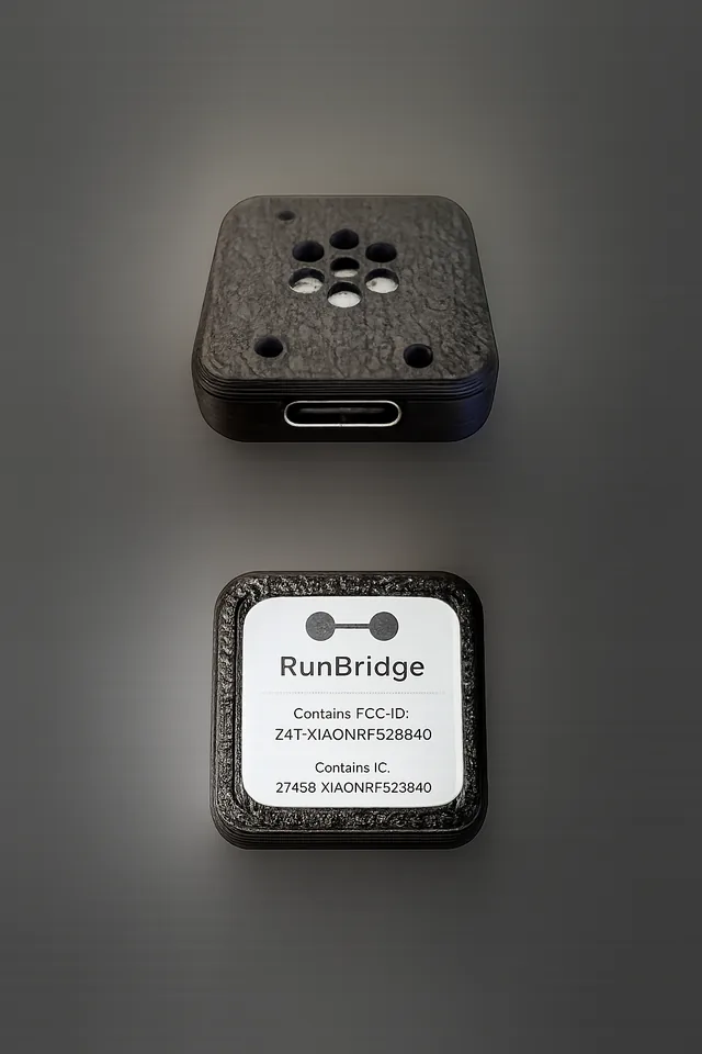 Front and back views of the compact RunBridge device